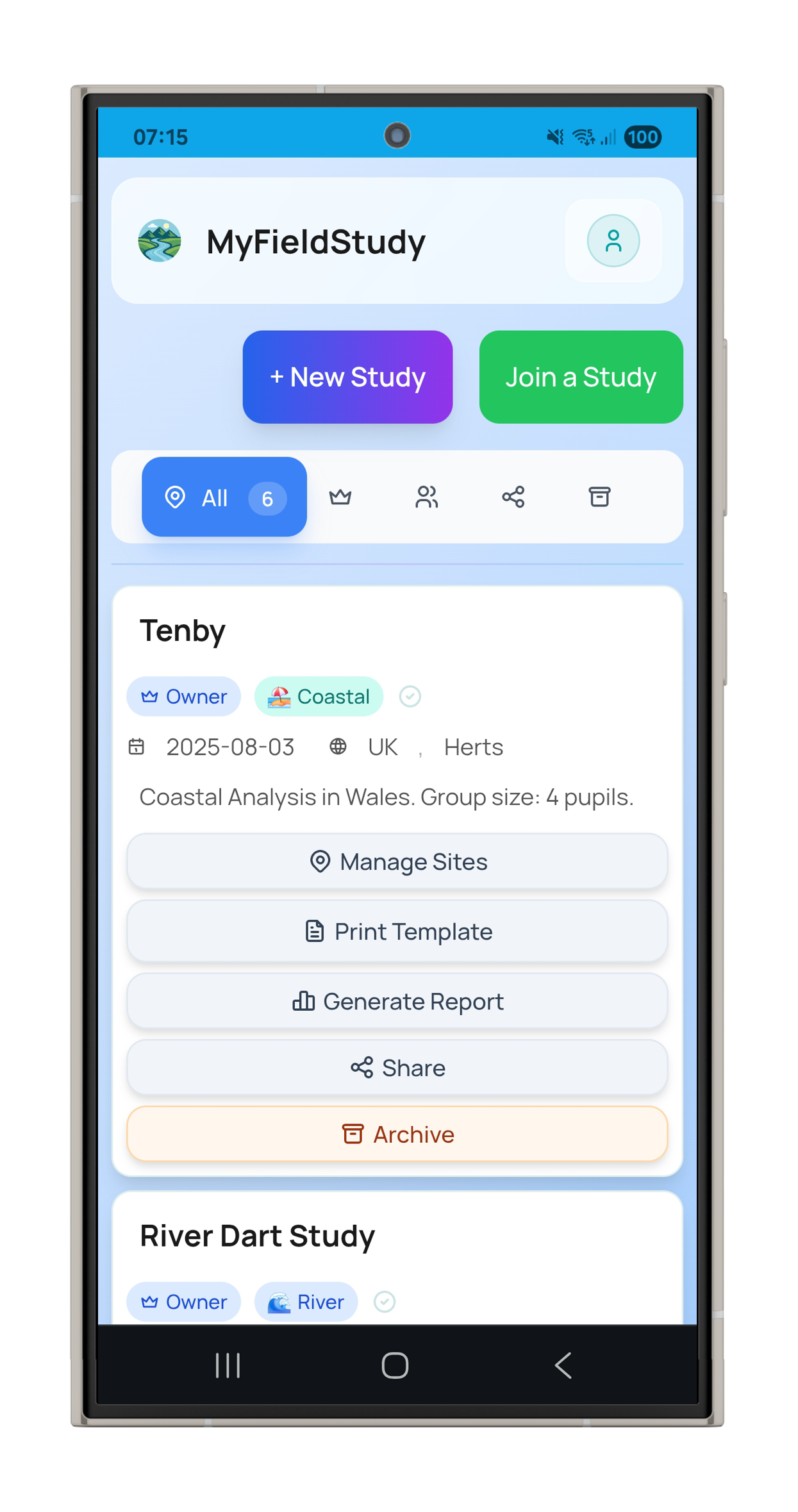 MyFieldStudy mobile app interface showing study management